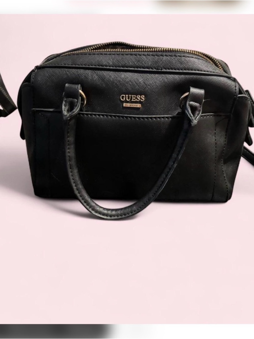 GUESS Black Saffiano Satchel with Gold Accents